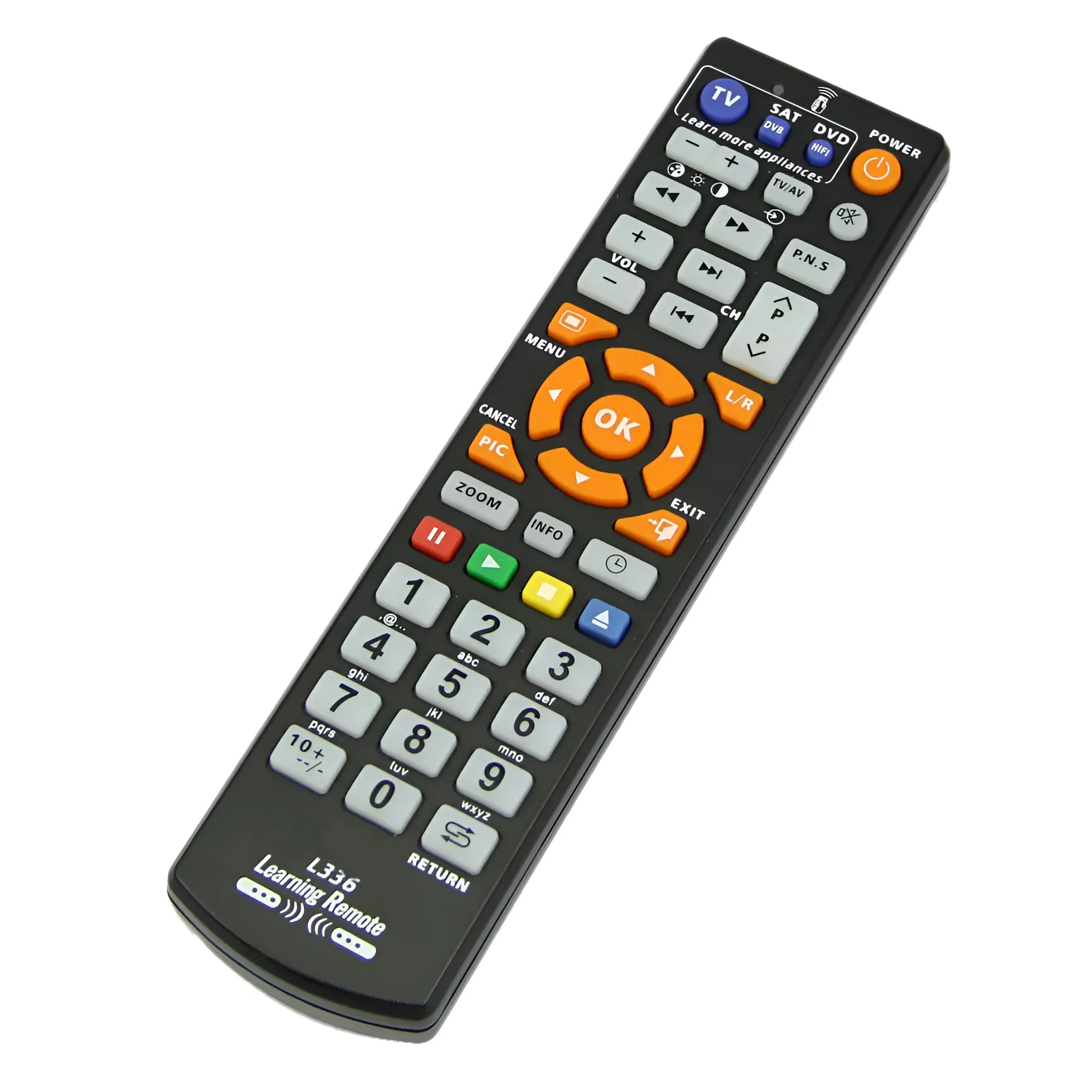Black L336 learning remote control with full button keypad.