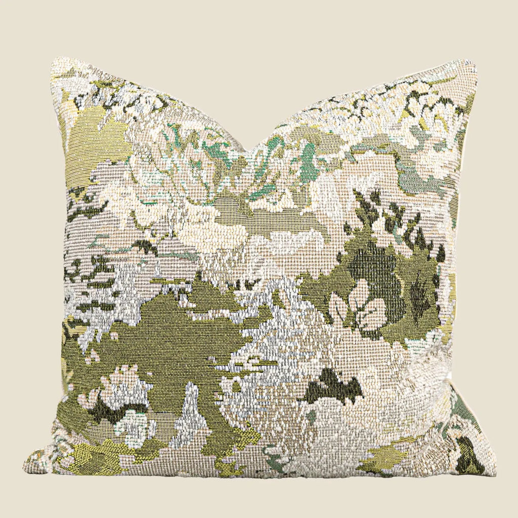 Antique green wool blend pillowcase with French style spring flowers botanical pattern.