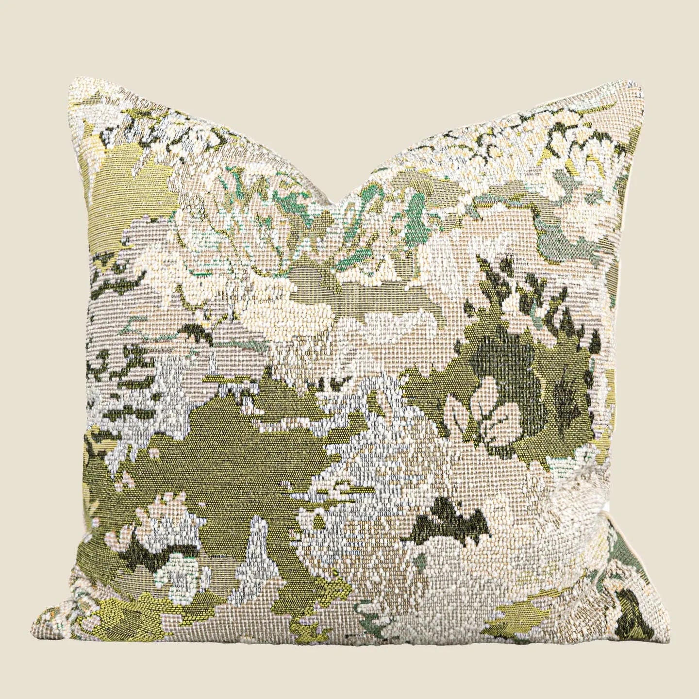 Antique green wool blend pillowcase with French style spring flowers botanical pattern.