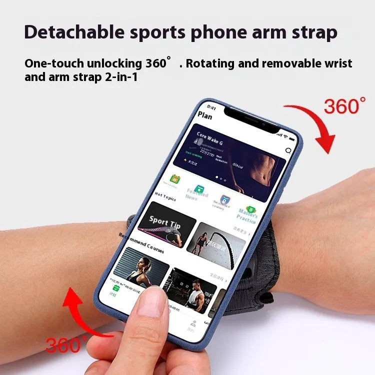 Black mobile phone armband wrist strap for takeaway delivery and sports.