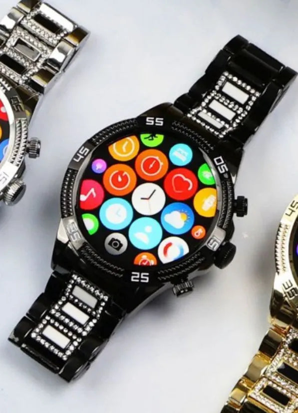 Bluetooth calling full diamond smartwatch in gold finish with TFT screen on wrist