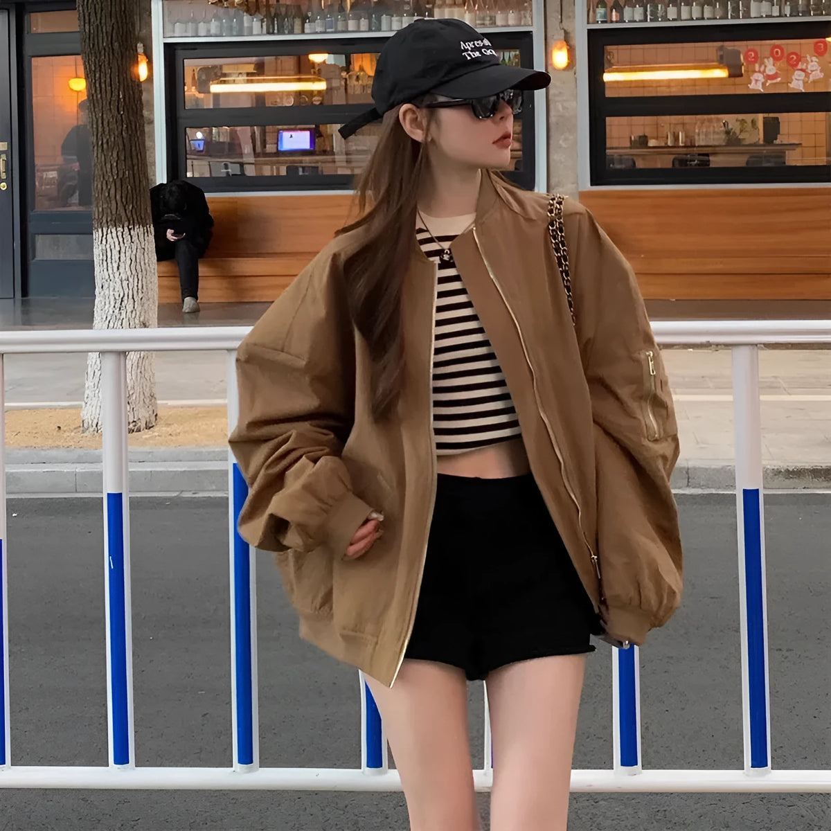Brown retro pilot jacket top for women with stand collar and long sleeves, 100% polyester fiber, sizes S to 2XL