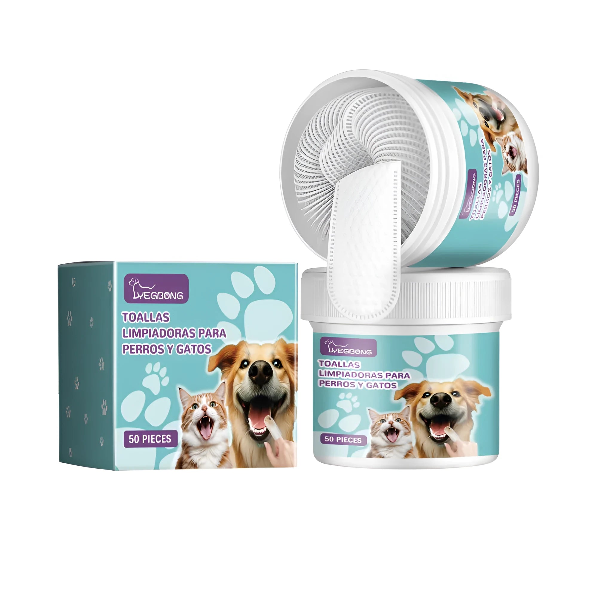 Single-use dog dental cleaning glove with finger muffs for tartar removal.