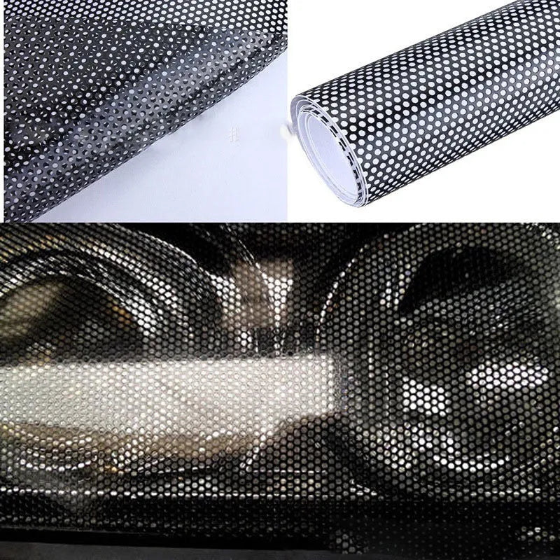 A sheet of perforated plastic automotive colour change film measuring 30cm by 106cm.