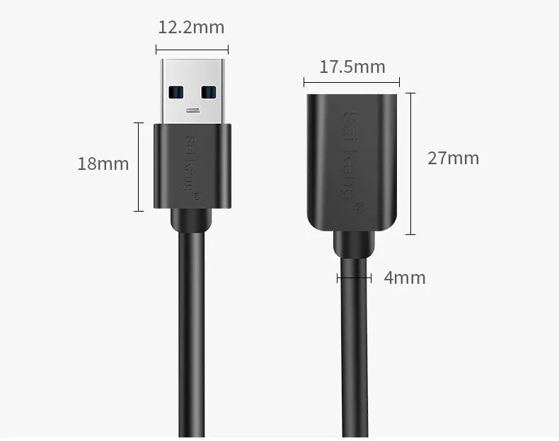A black USB 3.0 and USB 2.0 male to female extension cable shown at various lengths.