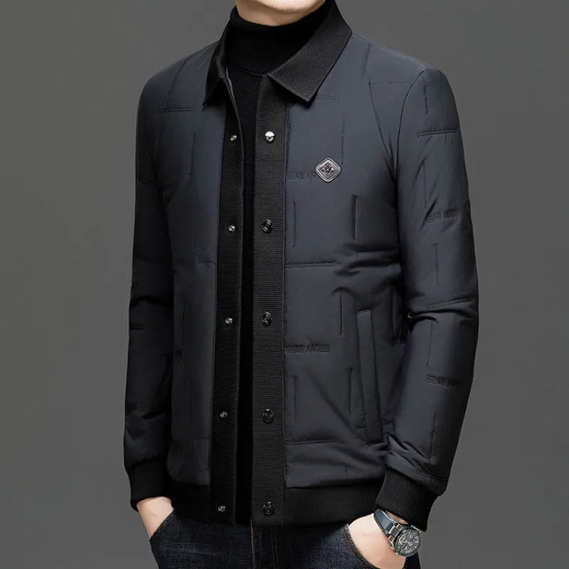 Men's loose padded coat with lapel collar and round hem in black, khaki or navy blue, sizes M to 4XL