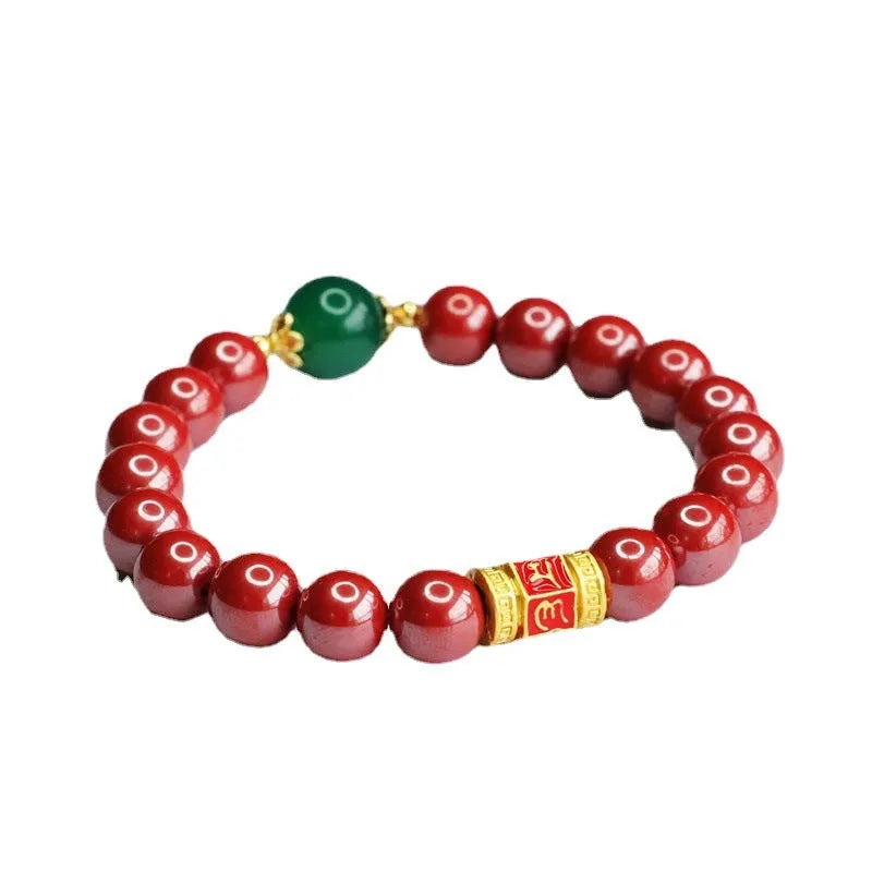 Cinnabar bracelet with engraved six-word motto and 8mm beads in emperor sandstone colour