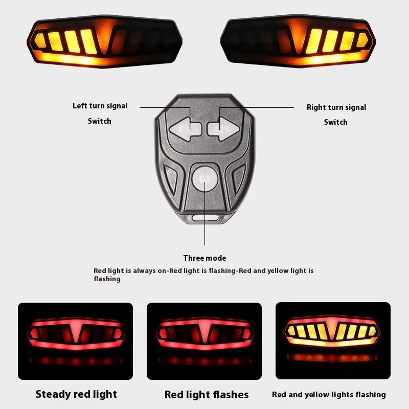 Wireless remote control waterproof bicycle taillight with turn signals on a bike seat post.