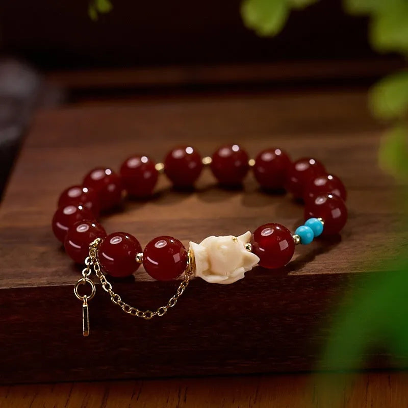 10mm red agate ivory nut round bead bracelet with Phoenix Nine zodiac animal design, retro women's jewellery