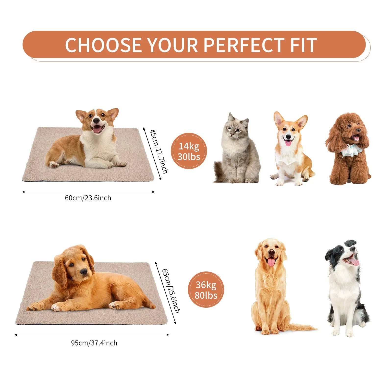 Self-heating plush pet pad for cats in grey colour showing M95x65cm size