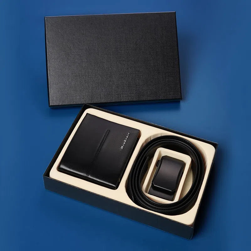 Genuine leather men's belt and wallet combo set with alloy buckle in black and brown, includes gift box