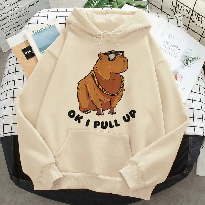 Grey capybara hoodie for women Korean hip hop anime harajuku casual pullover with hood and side pockets on model