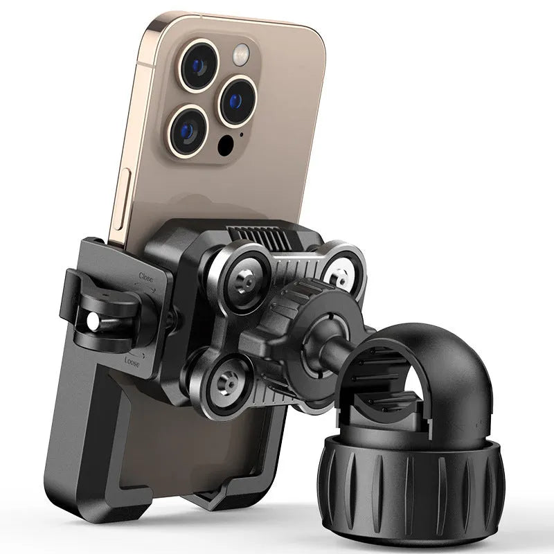 Black aluminium alloy shock absorber motorcycle phone mount for handlebars in a selection of styles.