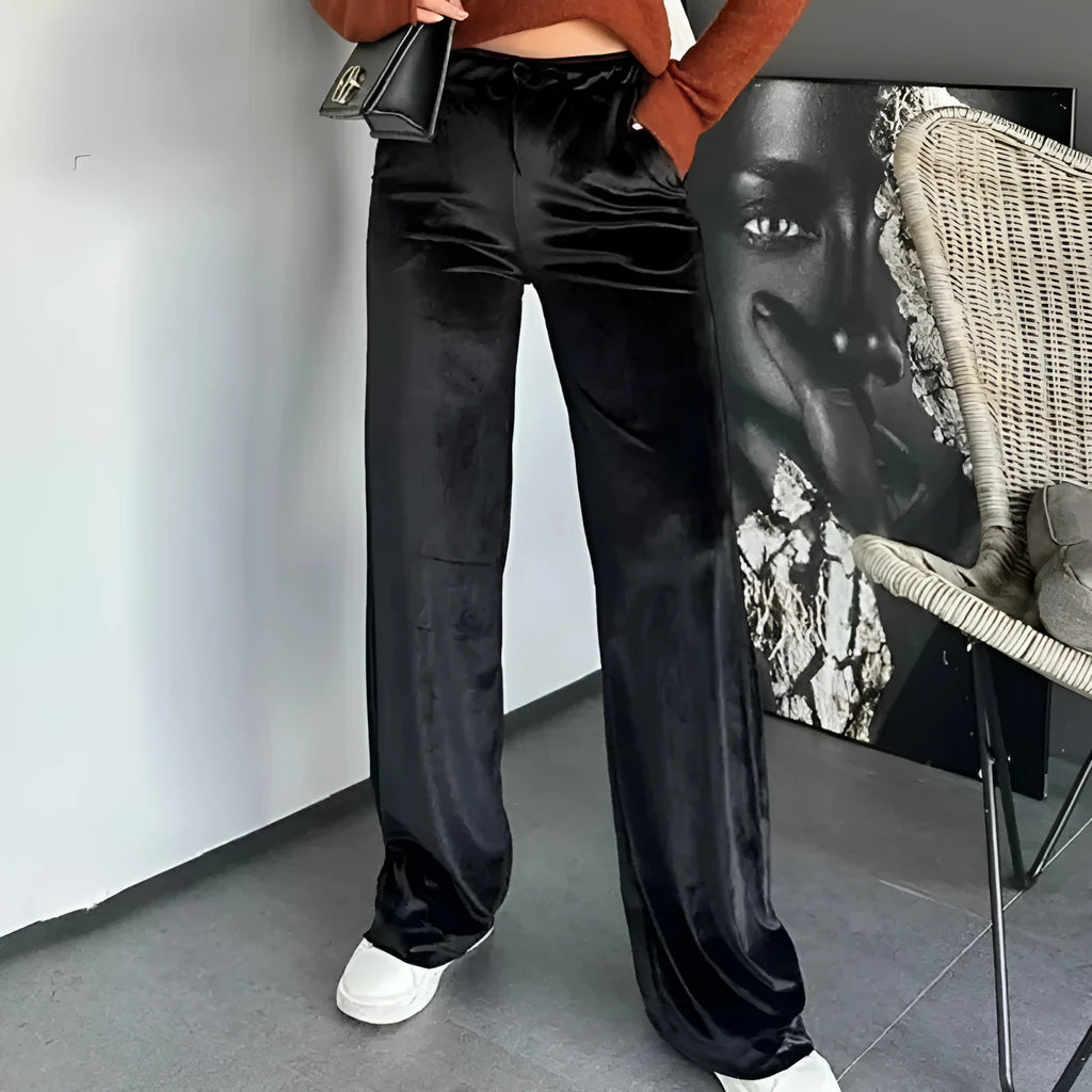 Black shiny velvet drawstring high waist straight leg casual pants, polyester, women, Asian sizes S to XL
