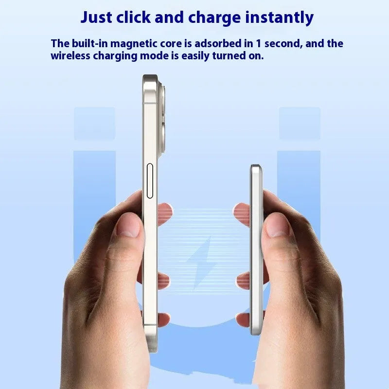 Gun grey magnetic wireless power bank with alloy construction showing ultra-thin 9mm profile