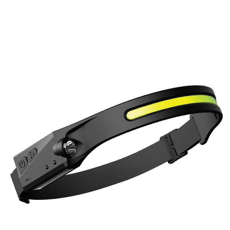 Black silicone USB rechargeable headlamp with wide LED beam and side wave sensor for outdoor use.