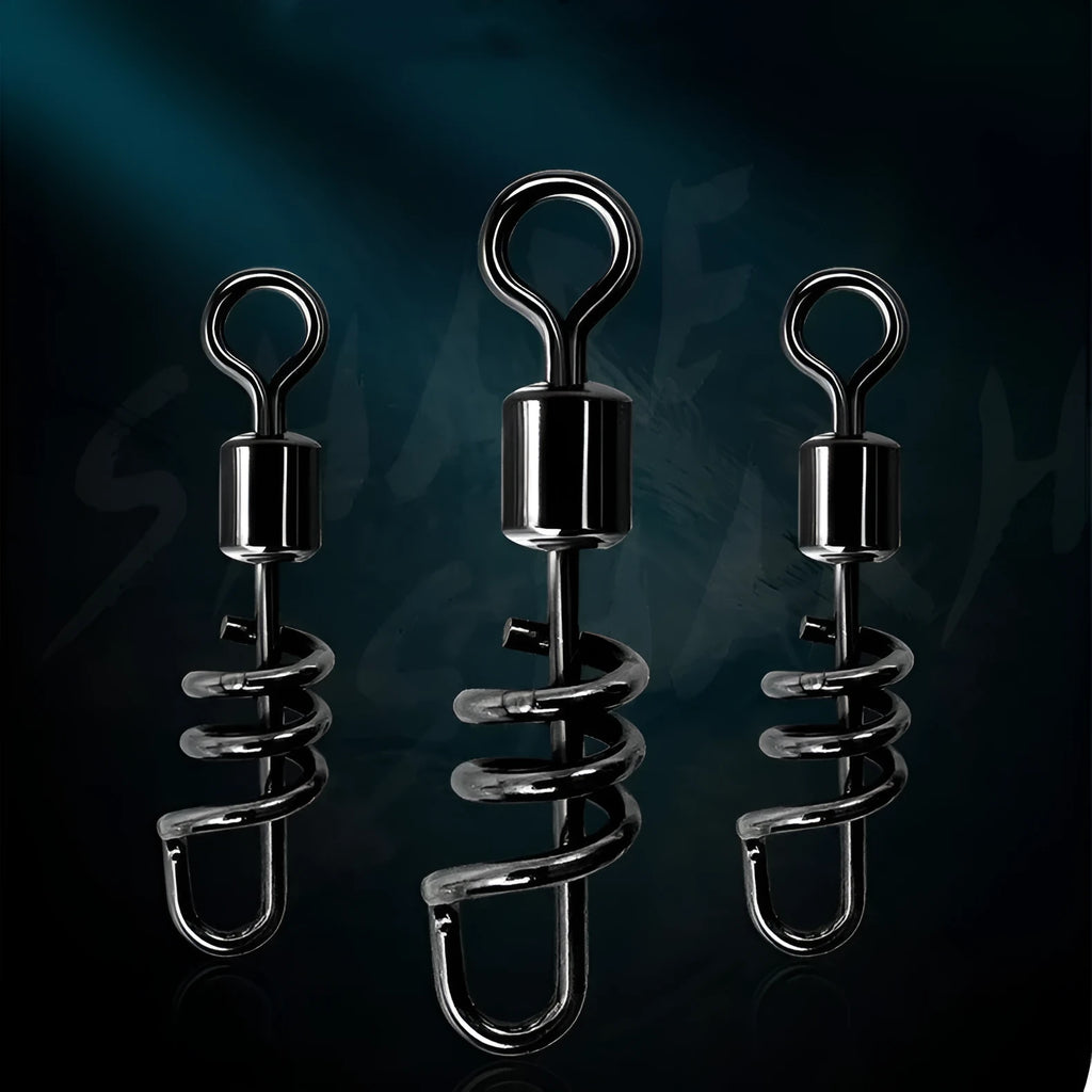 Stainless steel fishing swivel connector with 8-shaped ring design in seven colour-coded sizes
