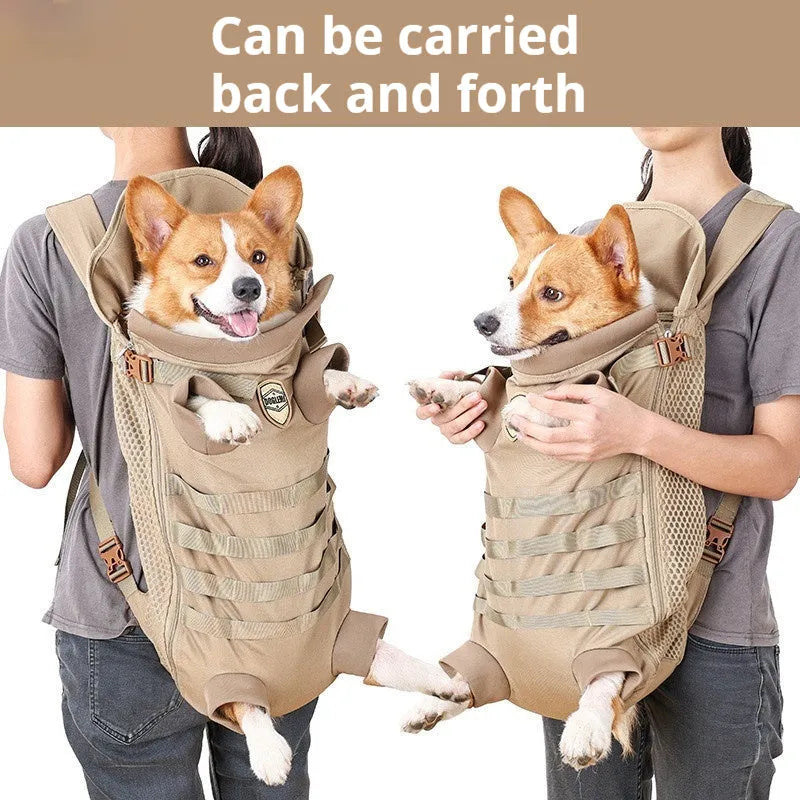 Khaki polyester pet medium dog backpack with two size options M and L on a neutral background