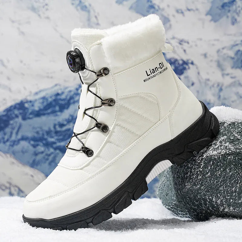 Men's fleece-lined thickened snow boots in black, round toe, artificial PU upper, side view
