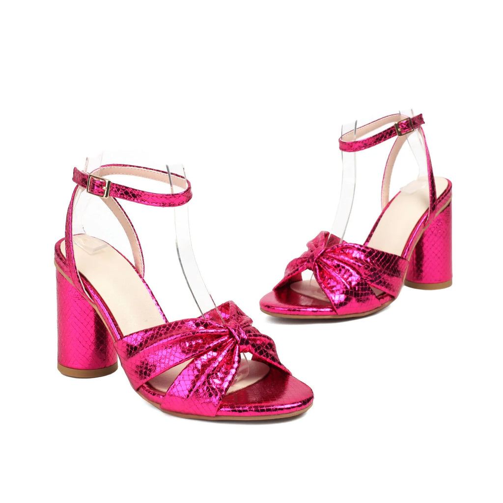 Plus size women's high heel peep toe sandals with ankle buckle in gold, silver, red, or green colours.