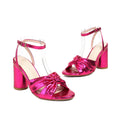 Plus size women's high heel peep toe sandals with ankle buckle in gold, silver, red, or green colours.