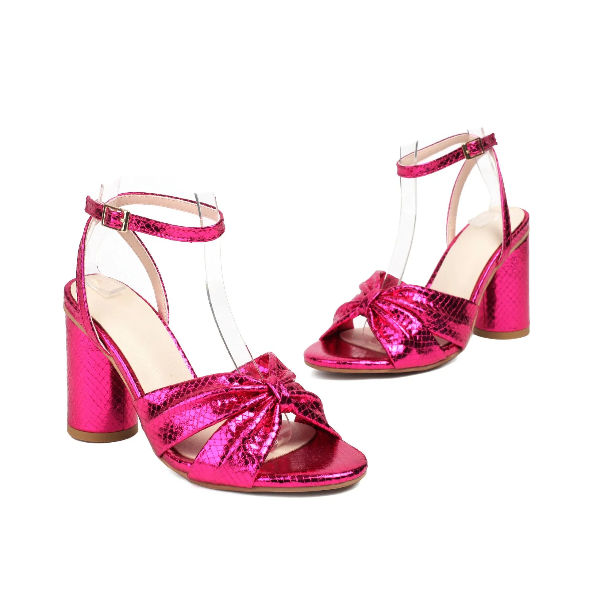 Plus size women's high heel peep toe sandals with ankle buckle in gold, silver, red, or green colours.