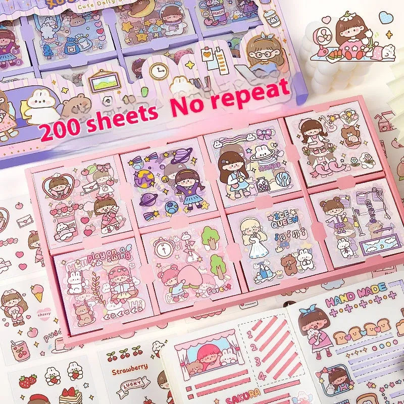 Children's sticker pack box showing five cute theme designs including meatball characters and tea party scenes