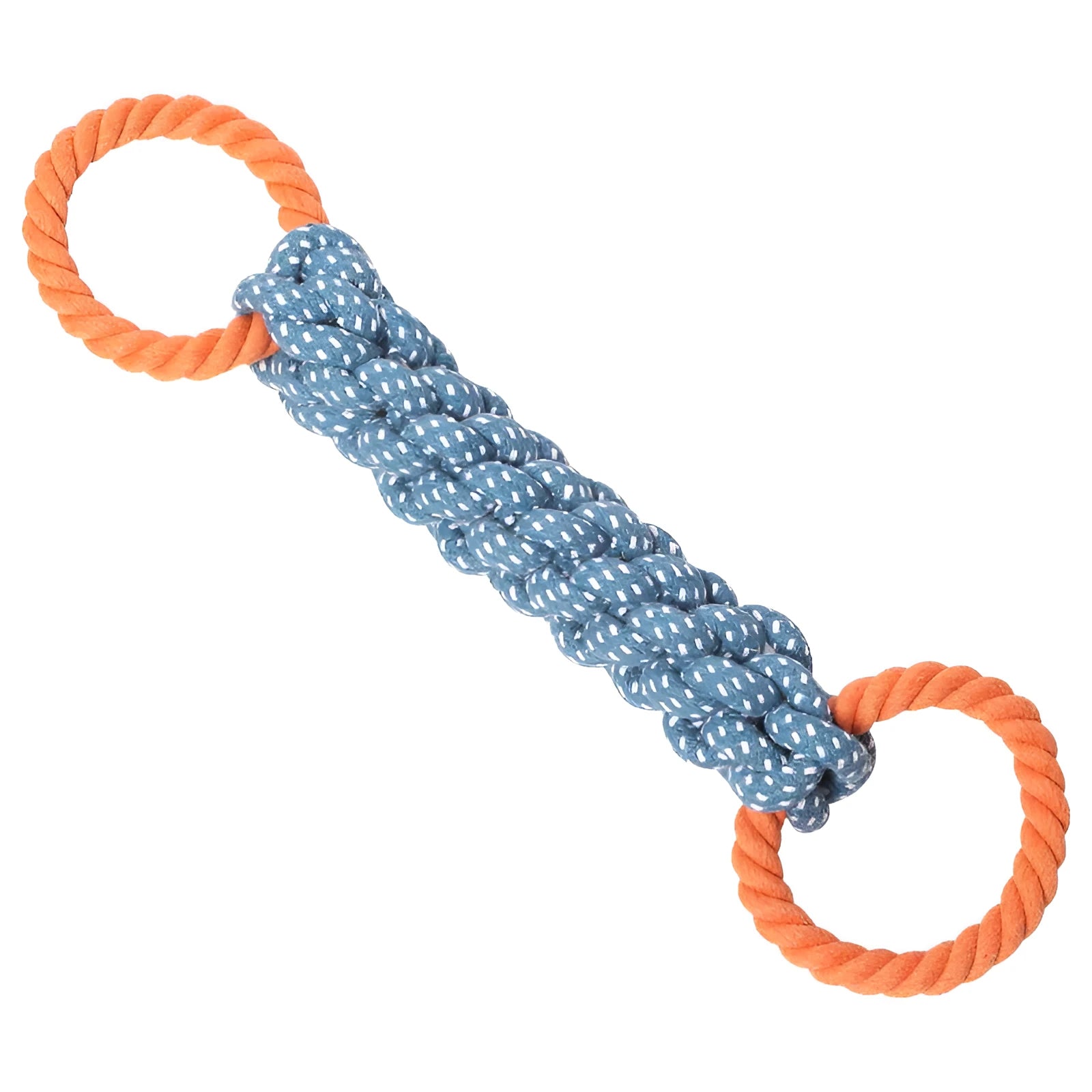 Blue double-ring braided cotton bone shape dog chew and tug toy