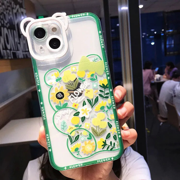 TPU phone case with painted cartoon bear and flower design in black and green for Apple iPhone