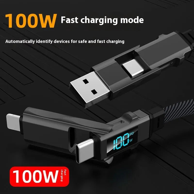 Digital display four-in-one charging cable with zinc alloy connectors, Lightning Micro USB TYPE-C, black, 2m