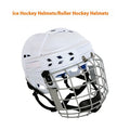 Ice hockey helmet with a carbon steel face mask and cushioned lining, shown in available sizes.