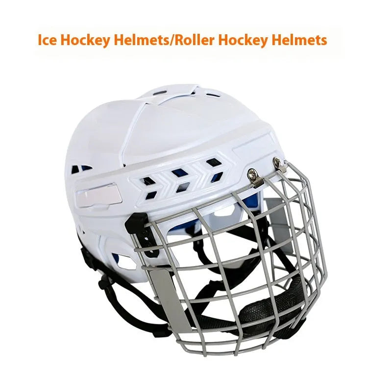 Ice hockey helmet with a carbon steel face mask and cushioned lining, shown in available sizes.