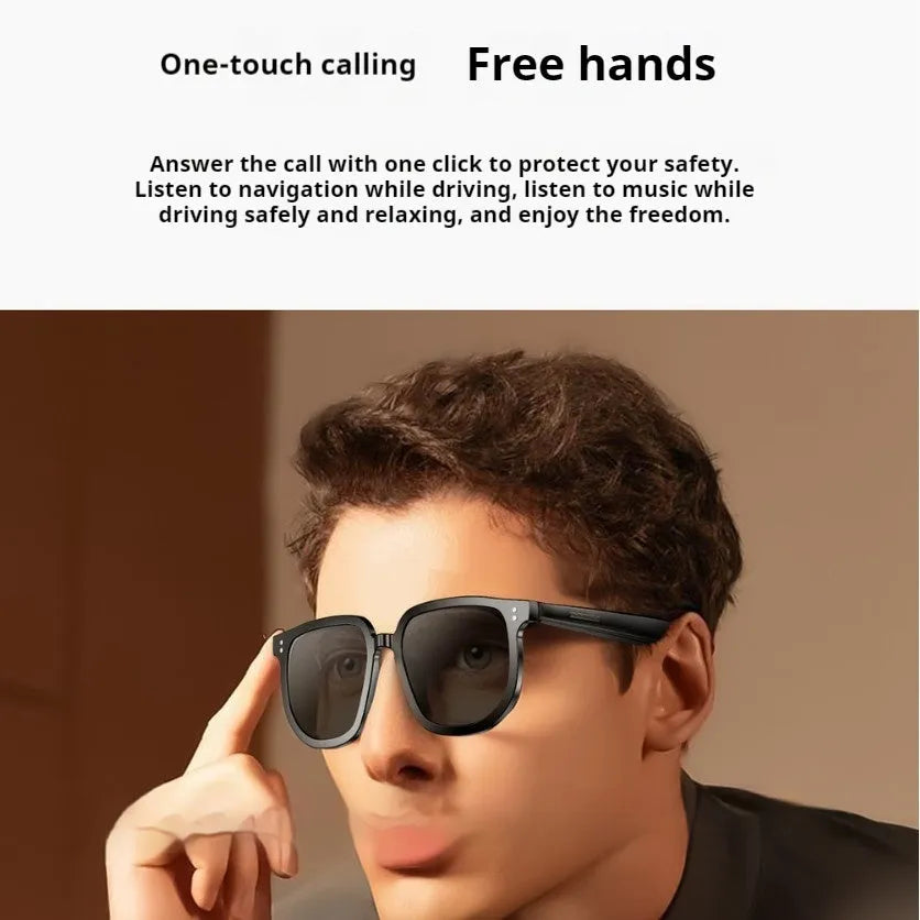 Black AI smart glasses with Bluetooth audio, touch controls, and UV-protective PC lenses.