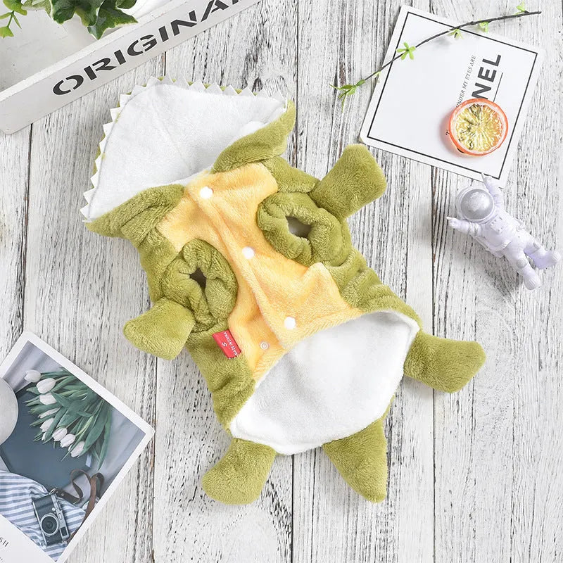 Green dinosaur coral fleece dog coat for autumn winter Halloween Christmas, sizes XS to 4L