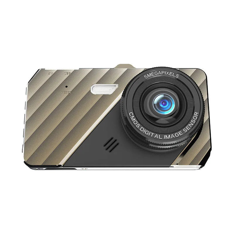 4-inch front and rear dual lens dashcam with touch screen display mounted in vehicle