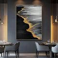 Hand-painted abstract golden beach and waves oil painting on vertical canvas, unframed wall art for living room or bedroom.