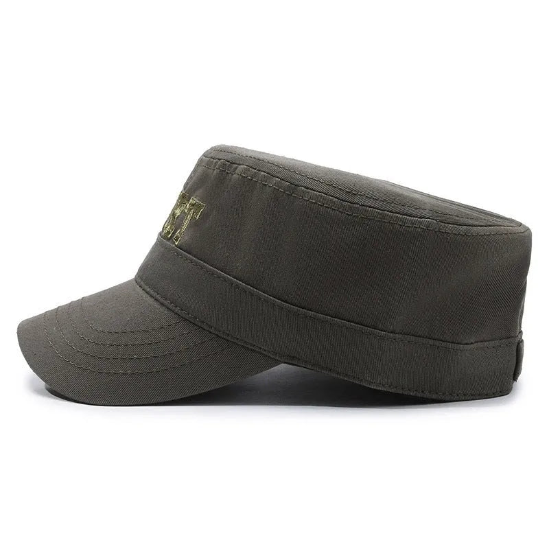 Men's flat-top cotton peaked cap in army green with an adjustable strap and embroidered lettering on the front.