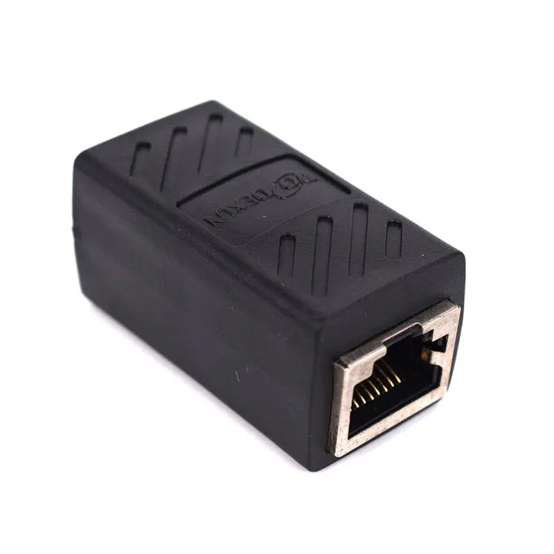 Black RJ45 network cable extender adapter with male and female connectors for joining Ethernet cables