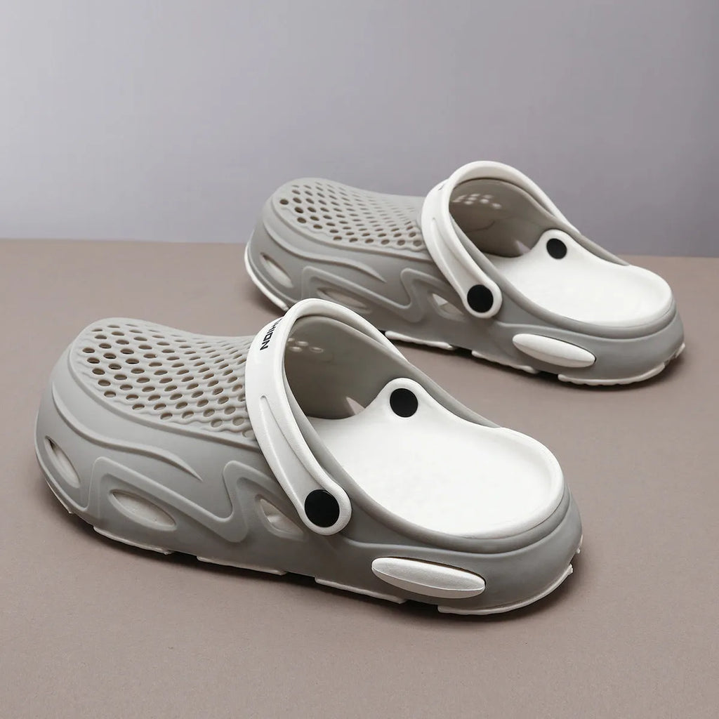 Men's grey closed toe beach slippers with a grid pattern and non-slip EVA sole.