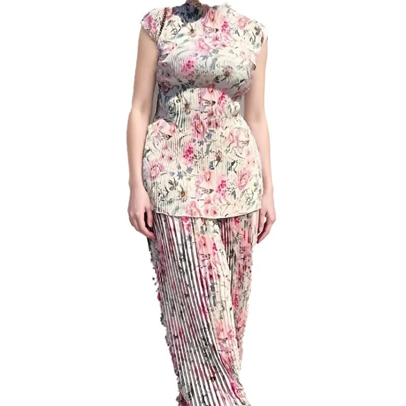 Women's long sleeve printed chiffon two-piece dress set with high waist skirt.