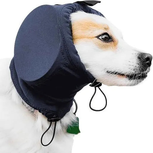 Black nylon dog earmuffs for hearing protection from thunder and fireworks, side view