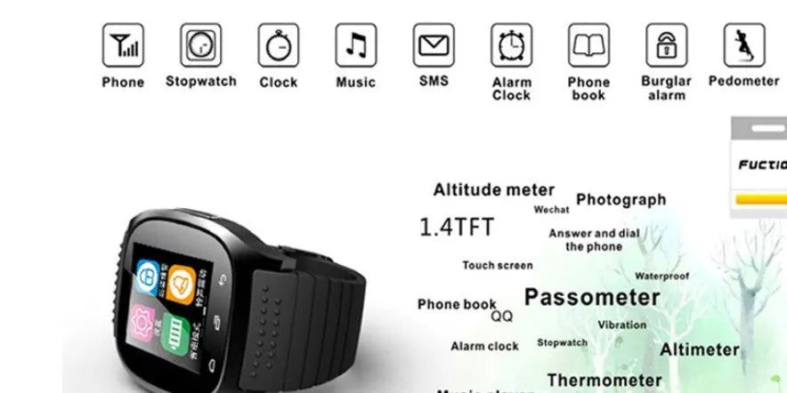 Black, white, and blue smart Bluetooth sports watch compatible with iPhone and Android