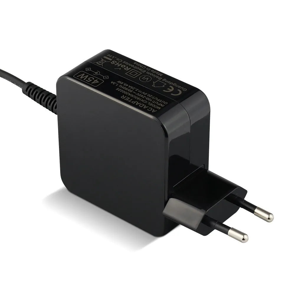 Black Hua 45W laptop adapter with American DC connector showing dimensions