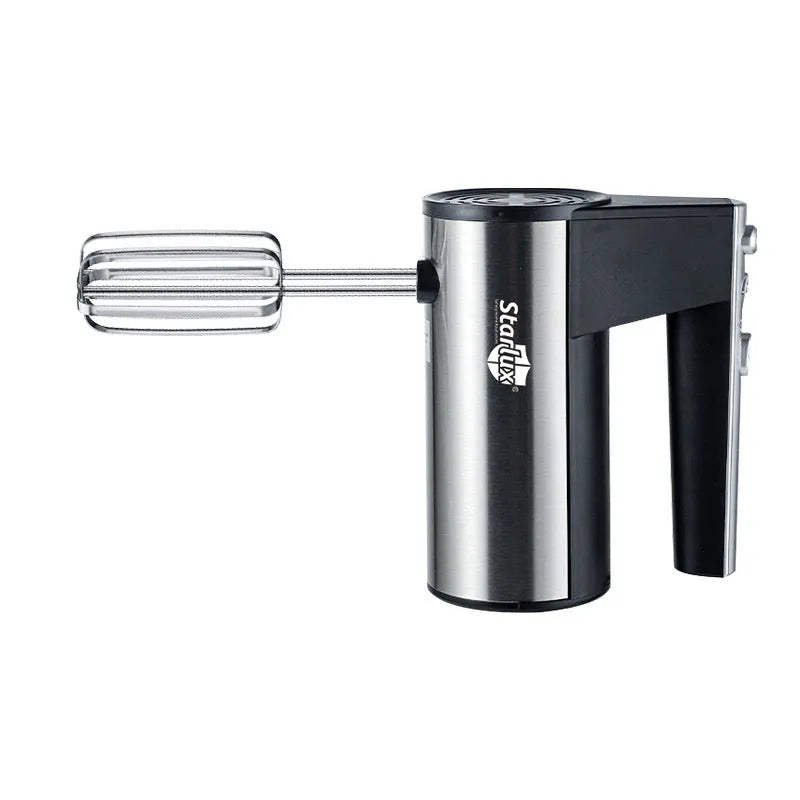 White electric hand mixer with five speed settings and metal beaters for baking