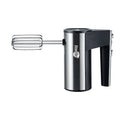 White electric hand mixer with five speed settings and metal beaters for baking