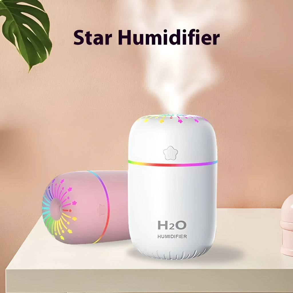 White A5 model mini USB humidifier with 300ml tank on a desk next to a laptop.