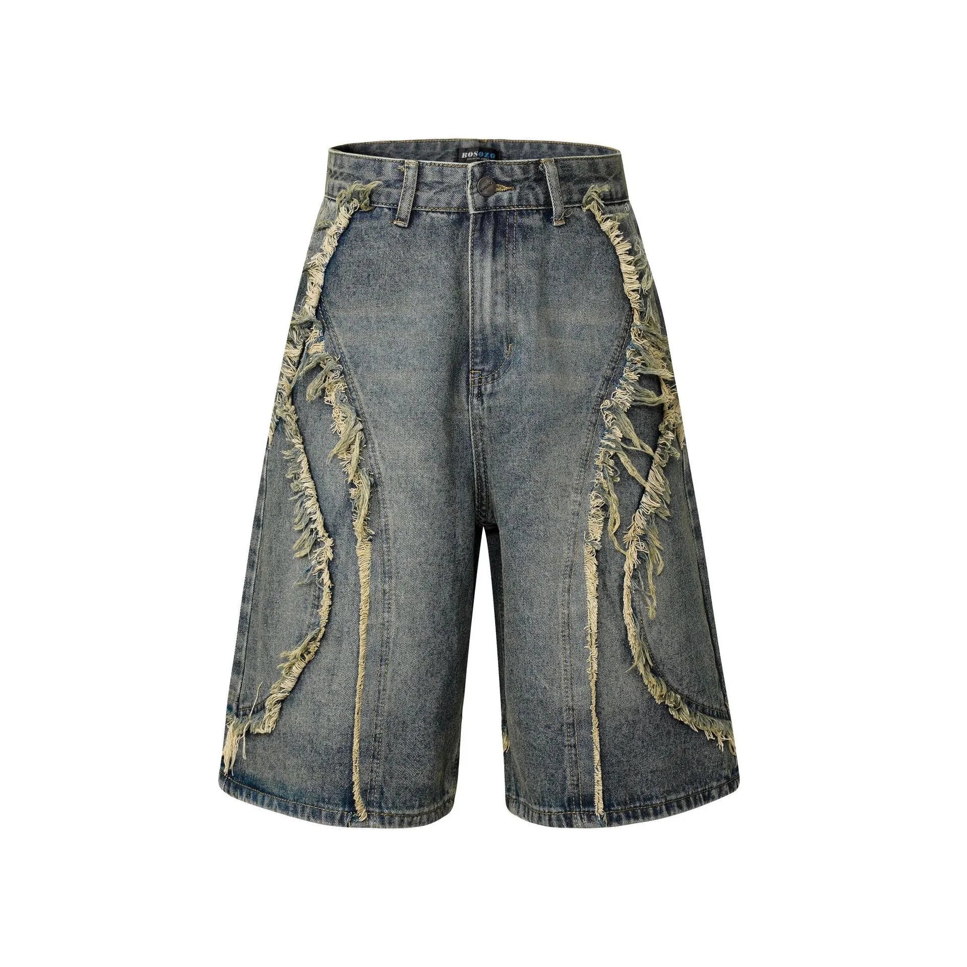 Distressed denim shorts with raw edge detailing in black, dark blue and light blue colours