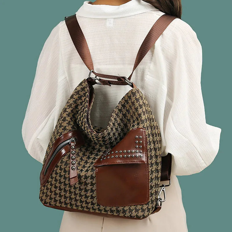 Medium houndstooth nylon backpack for women with rivet design and zipper opening in Leopard Pattern