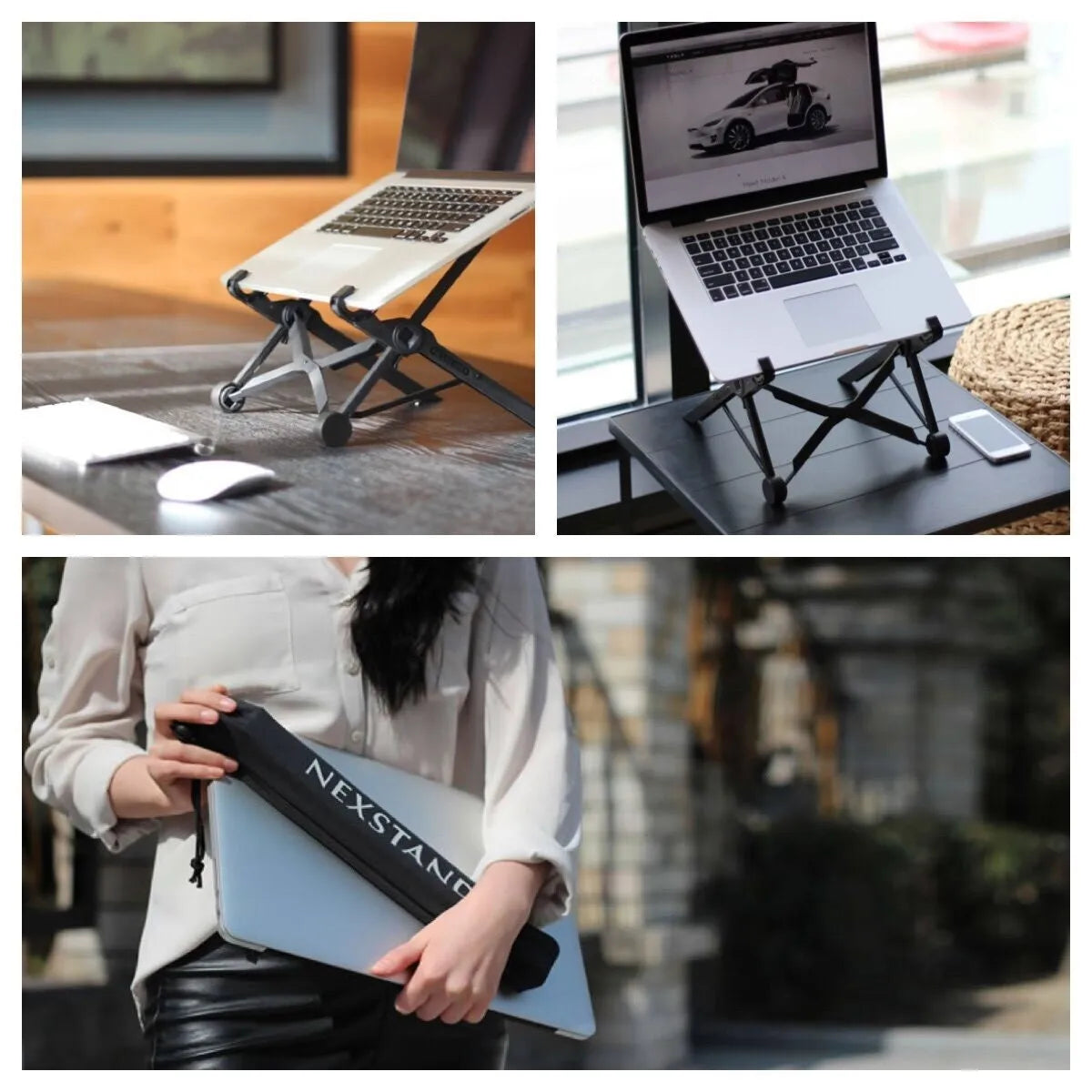 Sagacious black folding computer bracket with carrying case, shown in deployed and folded positions