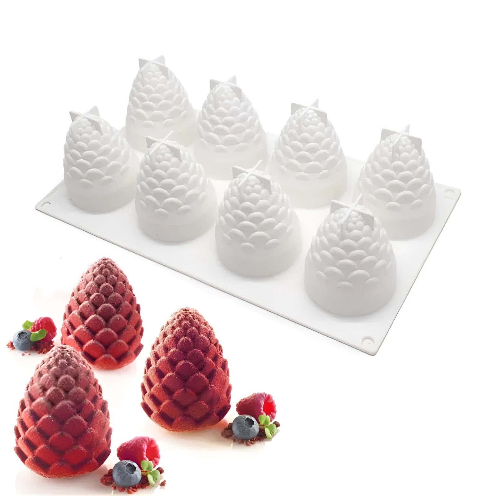 Six-cavity silicone baking mould for making pineapple and pine cone shaped desserts